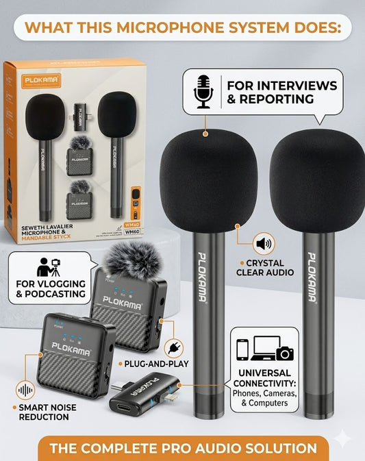 PLOKAMA WM60 Wireless Lavalier Microphone - Dual Mic System for Vloggers, YouTube & Interviews (Crystal Clear Sound)
