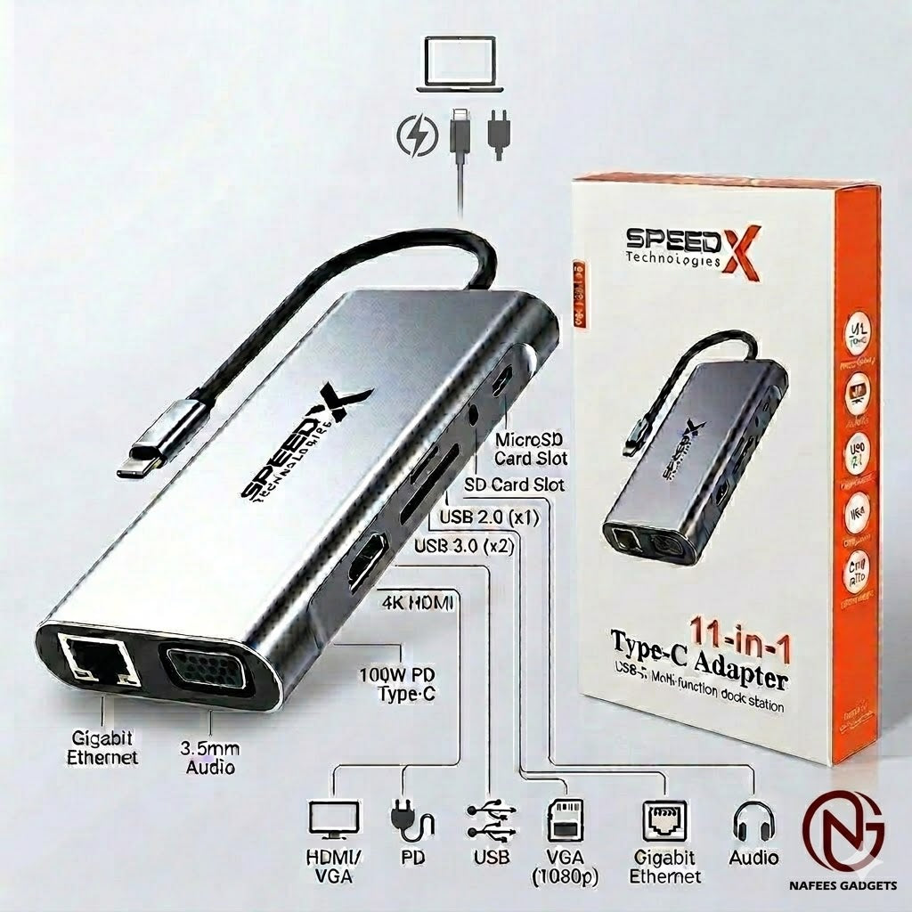 SPEED-X (SP-TC1101) 11-in-1 Multi-Port Type-C Hub - 4K HDMI, USB 3.0, VGA, RJ45 Ethernet & PD Fast Charging Adapter