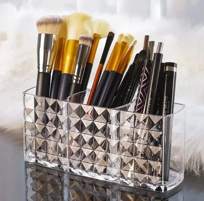 3 Compartment Design Acrylic Cosmetic Organizer Box Makeup Storage Makeup Brushes Lipstick Holder