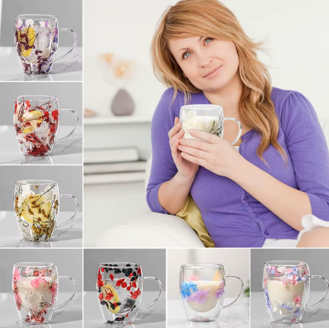 Creative Double Wall Glass Mug Cup with Handle Dry Flower Fillings for Tea Coffee Juice Milk cup