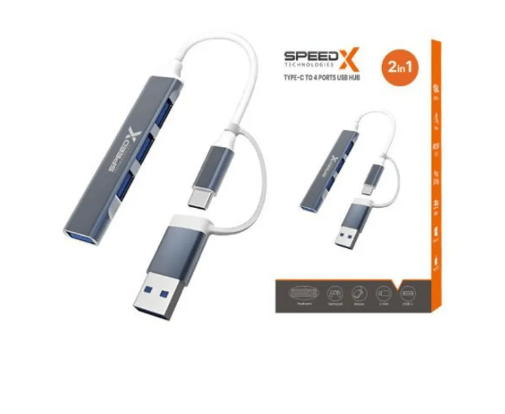 SpeedX 4-Port USB Hub - 2-in-1 USB-C & USB 3.0 Adapter for Laptop, PC, & Mobile