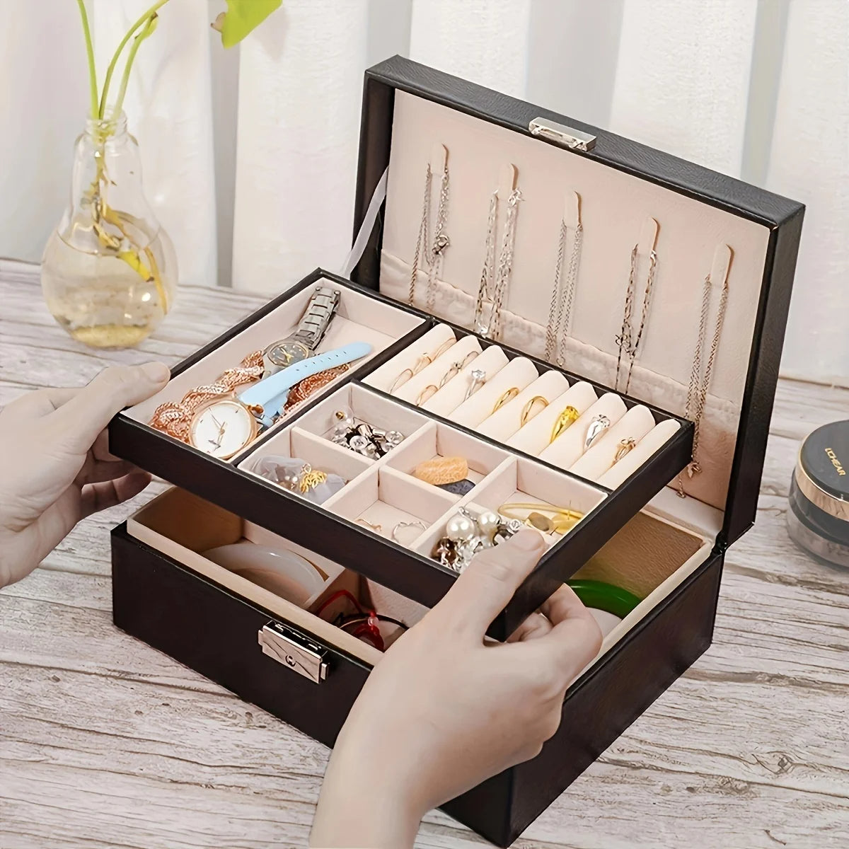 PU Leather Jewelry Storage Organizer Box with Lock & Key – Multifunctional Velvet Interior for Rings, Earrings, Necklaces & Bracelets – Gift for Women