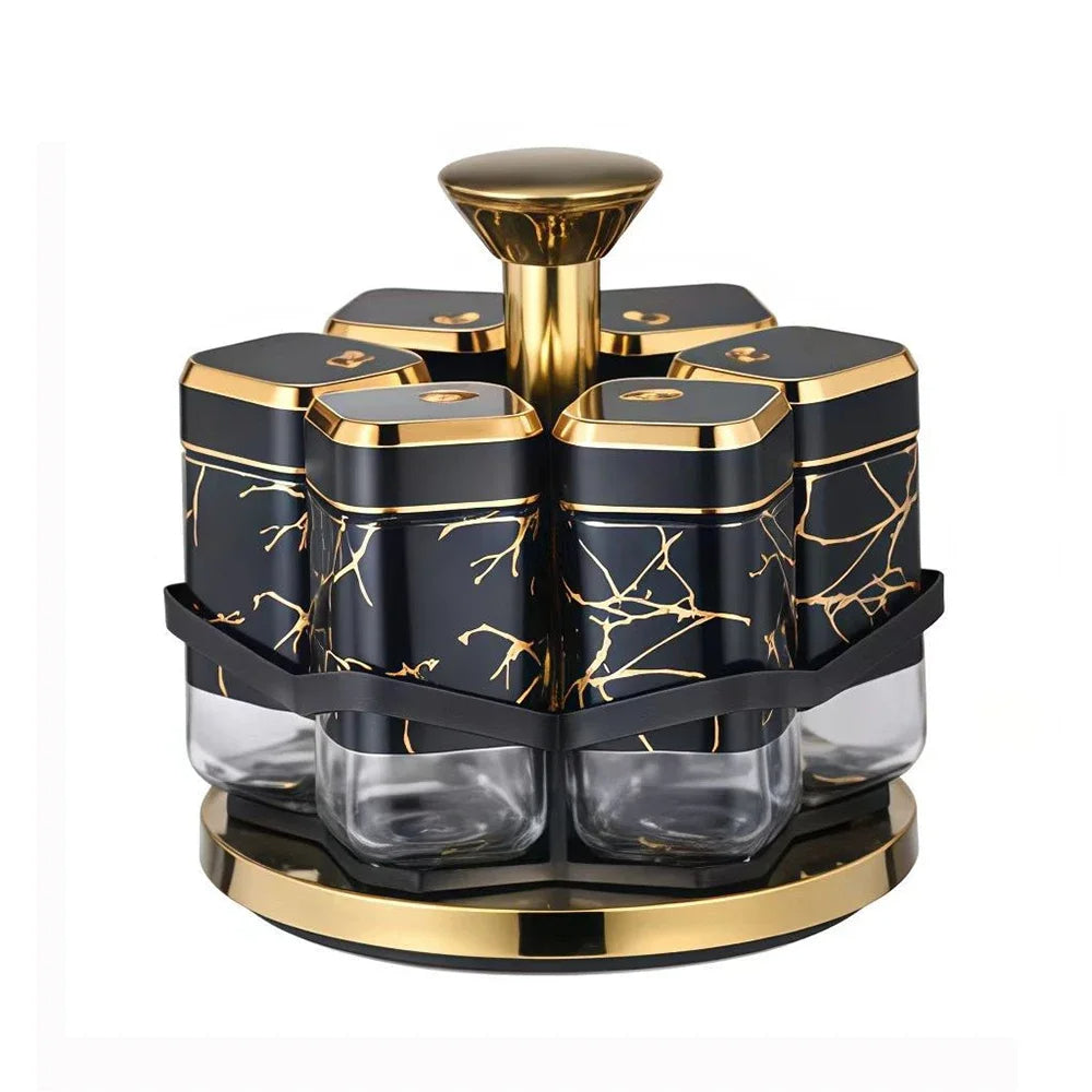 6Pcs Spice Jar Set Glass Rotating Kitchen Seasoning Bottles, Food-Safe Condiment Containers with Golden Accents, Spice Rack