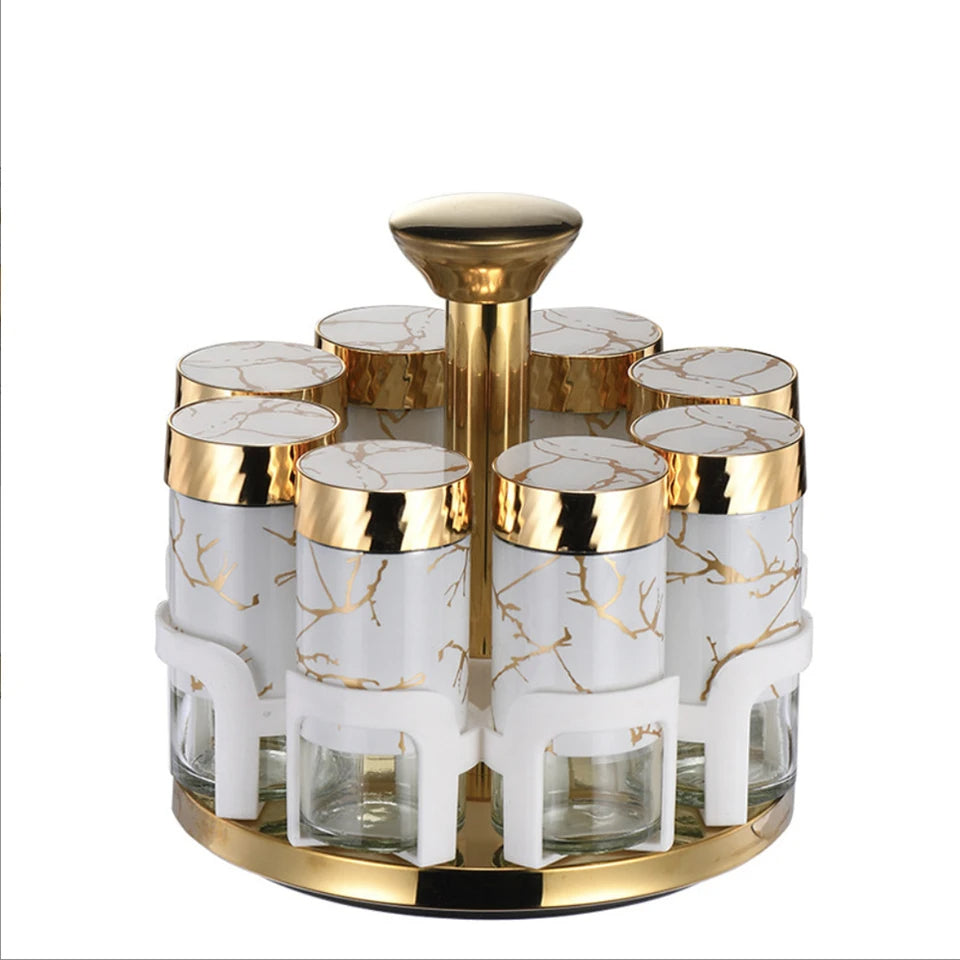 8Pcs Spice Jar Set Glass Rotating Kitchen Seasoning Bottles, Food-Safe Condiment Containers with Golden Accents, Spice Rack