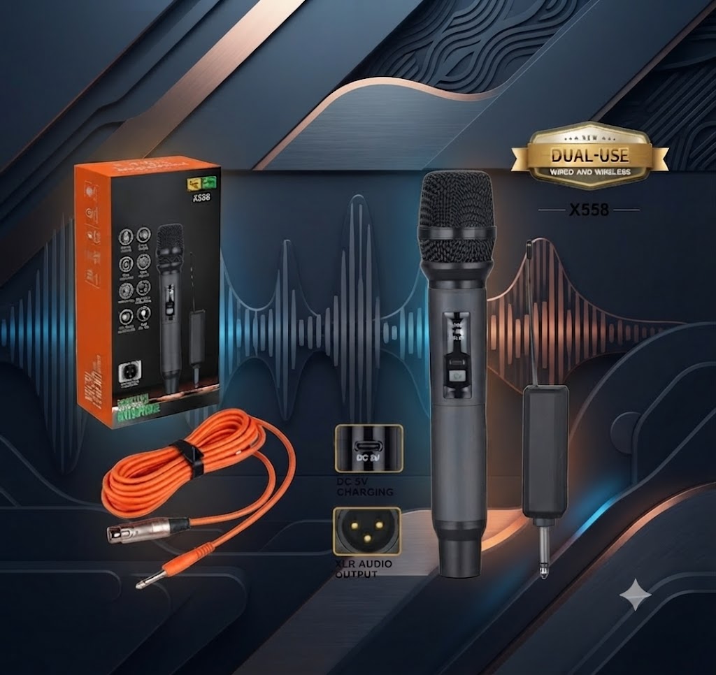 Professional Wireless Microphone X558 - Dual Mode (Wired & Wireless) Handheld Mic with Rechargeable Receiver for Events, Karaoke & Speeches