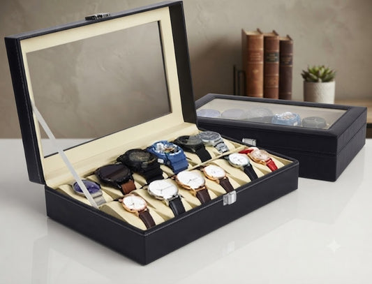 Premium Watch Display Box Leather Watch Storage Case with Glass Lid & Secure Lock