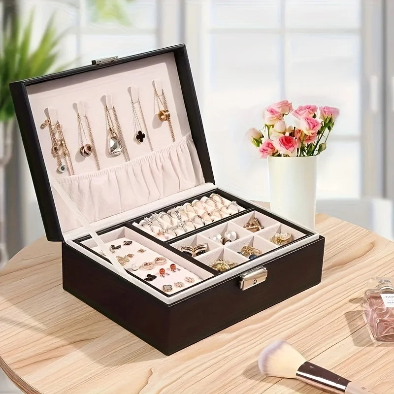 PU Leather Jewelry Storage Organizer Box with Lock & Key – Multifunctional Velvet Interior for Rings, Earrings, Necklaces & Bracelets – Gift for Women