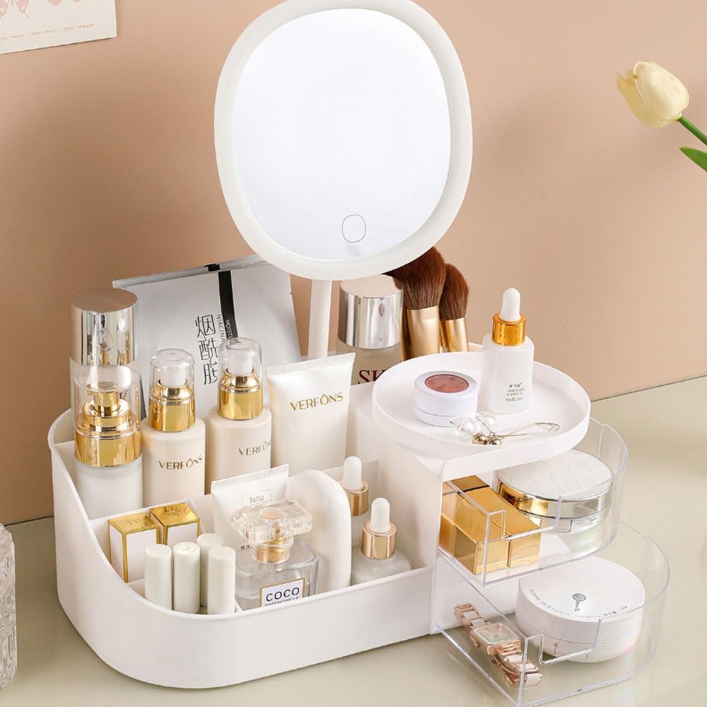 Makeup Organizer Storage double Drawers with LED Light Large Capacity Box for Lipsticks Bathroom and Bedroom Desk Cosmetics for Skin Care Organizer