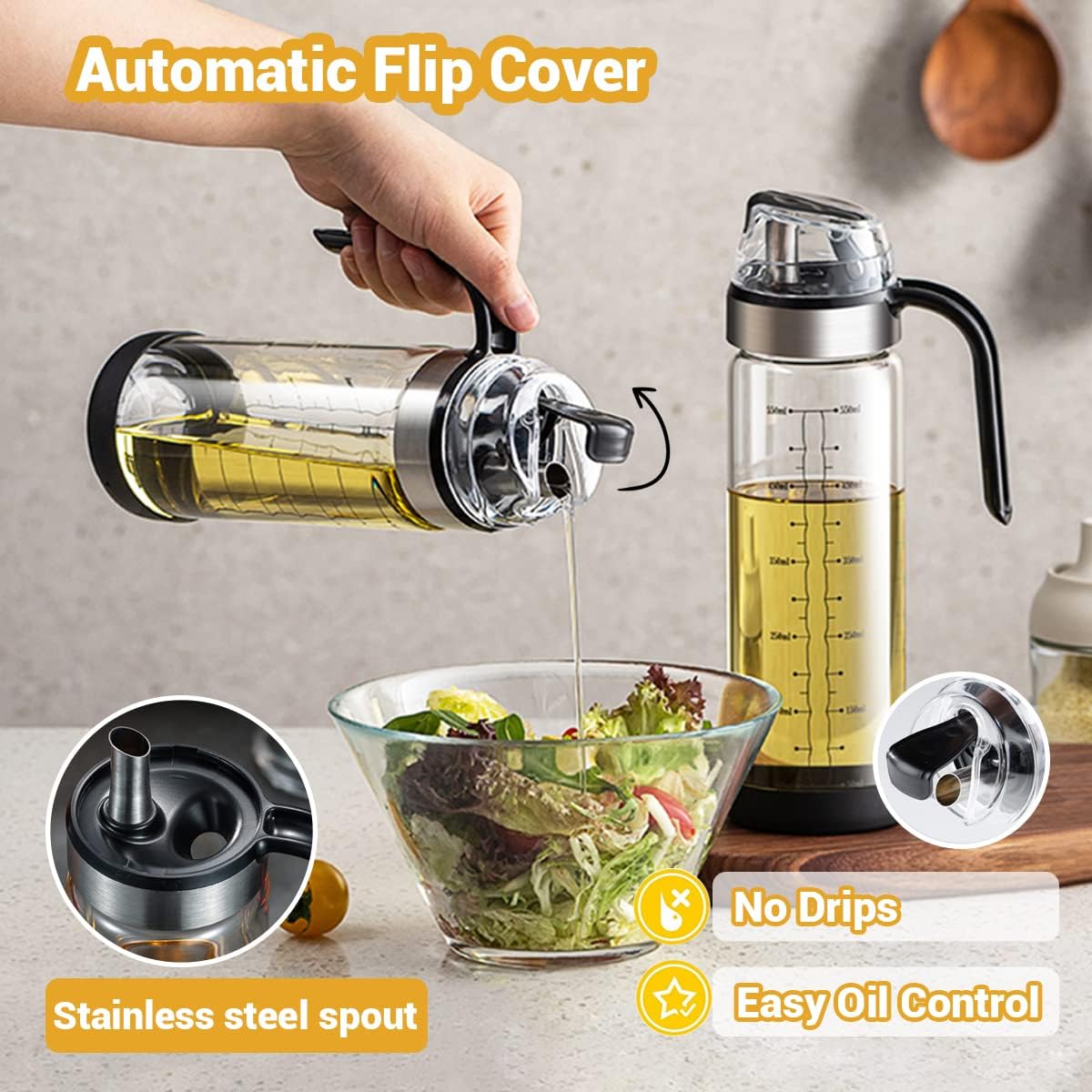 High Glass Oil Dispenser Jug with Automatic Cap 500 ml Kitchen Oil and Vinegar Cruet for Cooking No Drip Pouring Spout Liquid Container for Olive Oil Soy Sauce