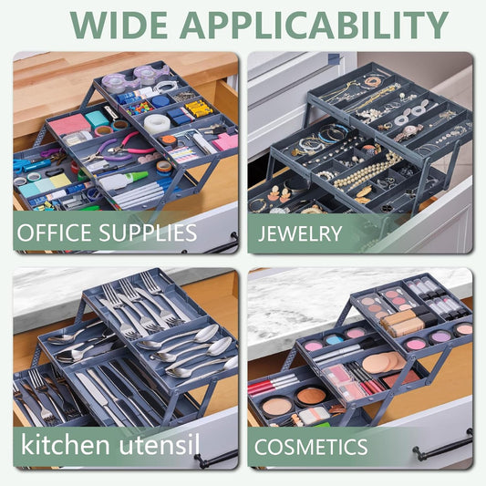 3 Tier Collapsible and Expandable Desk Organizer with Adjustable Compartments Storage Trays for Jewelry, Cosmetics, Office, Kitchen