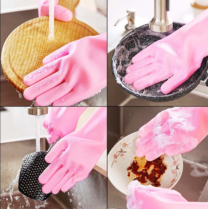 Plain Silicon Magic Reusable Silicone Gloves with Wash Scrubber, Heat Resistant, for Cleaning, Household, Dish Washing, Washing the Car Bike - Multi