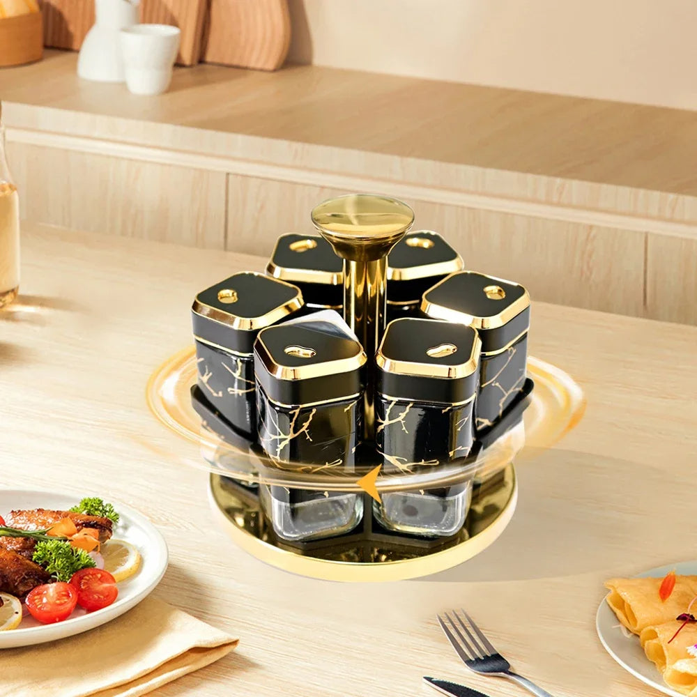6Pcs Spice Jar Set Glass Rotating Kitchen Seasoning Bottles, Food-Safe Condiment Containers with Golden Accents, Spice Rack