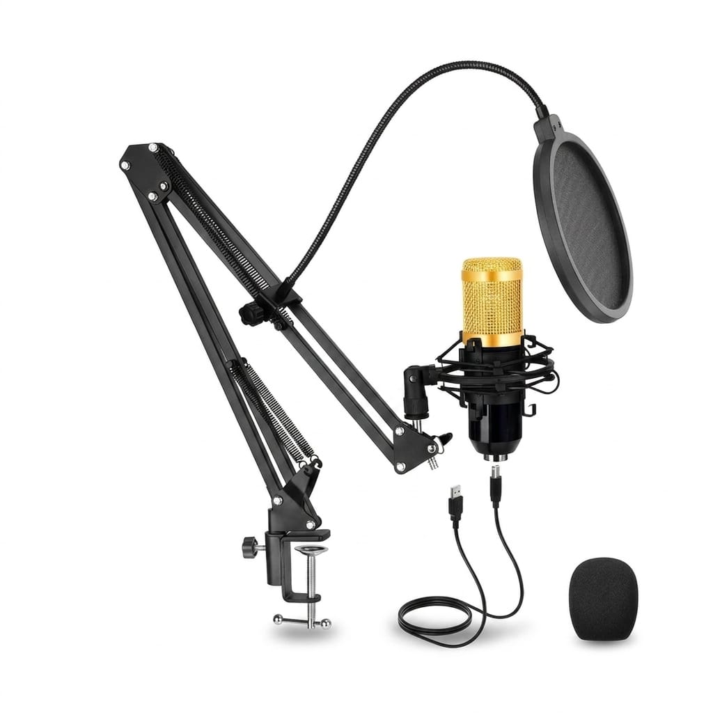TECHSTERS BM-800 Professional Condenser Microphone Bundle - Complete Studio Recording Kit with Adjustable Arm Stand & Pop Filter
