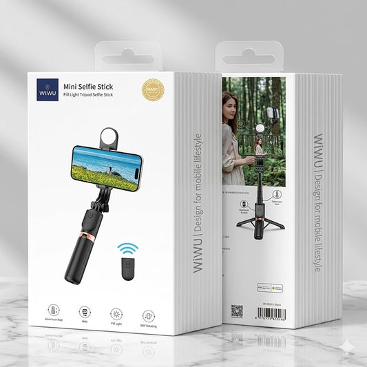 WiWU Wi-SE011 Mini Selfie Stick Tripod with LED Fill Light | Bluetooth Remote Shutter | 360° Rotation & Extendable Aluminum Rod for iPhone & Android