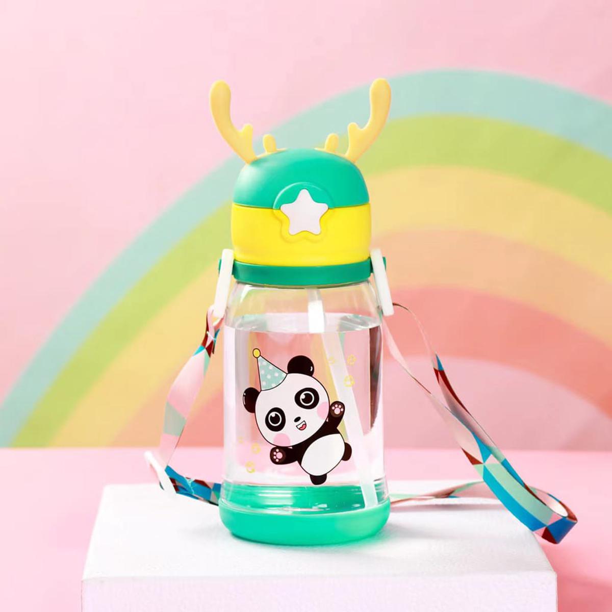 400ML Portable Children Water Bottle Unicorn Cartoon Design Summer Antler-Shaped Cute Thermoses with Straw Lid, Detachable Strap Water Bottle - Multi