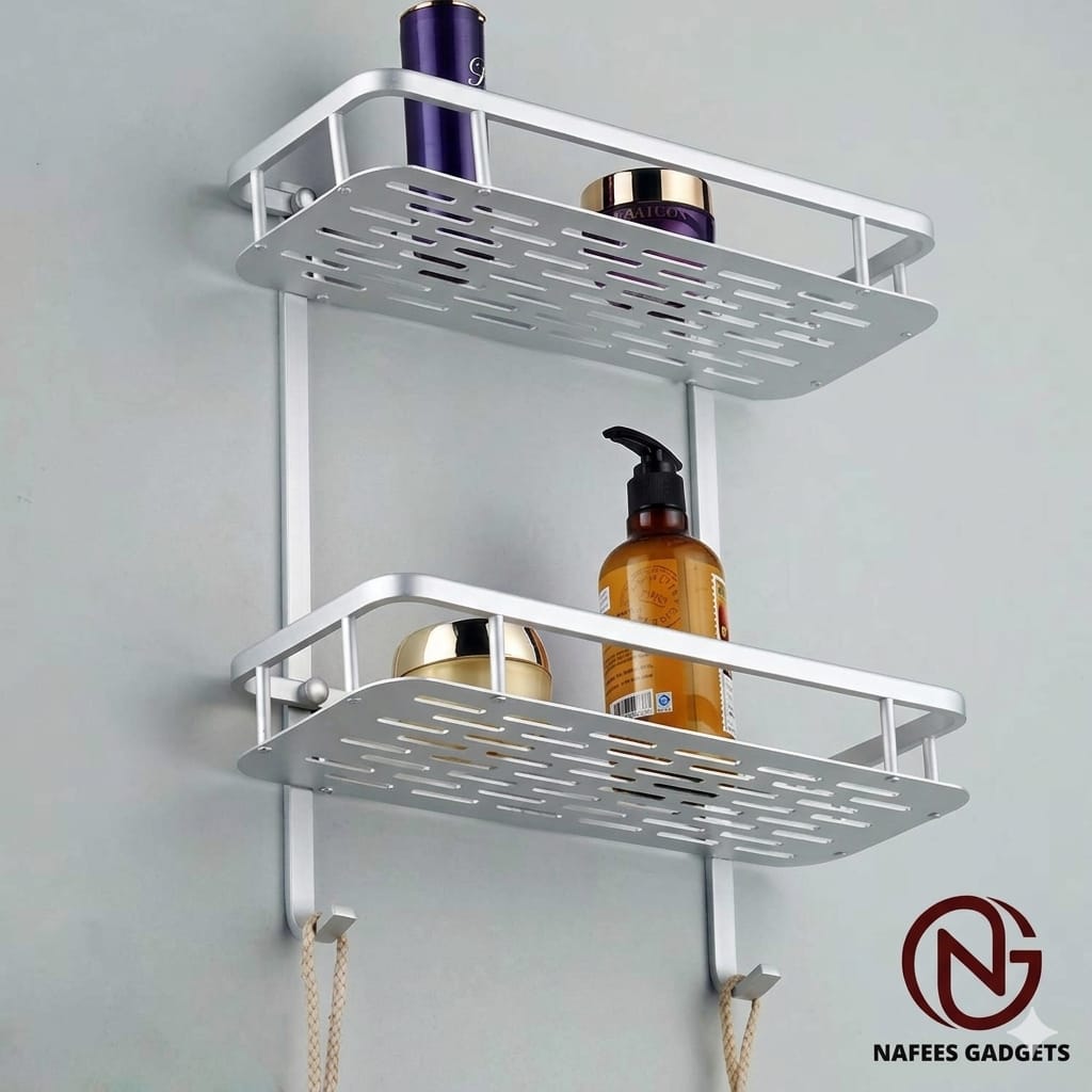 Premium 2-Layer Aluminum Bathroom Shelf – Wall Mounted Shower Caddy & Kitchen Storage Rack – Rust-Proof Organizer