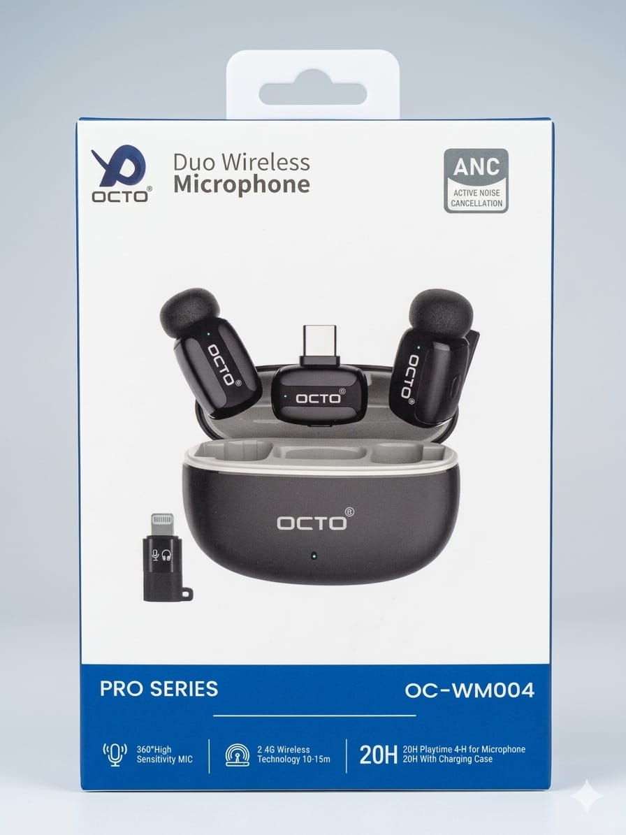 OCTO Pro Series OC-WM004 Duo Wireless Microphone – Compact Charging Case, ANC & 20H Battery (iPhone & Type-C Compatible)