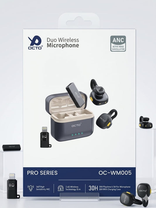 OCTO Pro Series OC-WM005 Duo Wireless Microphone – Ear-Clip Design, 30H Playtime & Crystal Clear ANC Sound