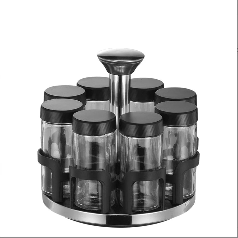 8Pcs Spice Jar Set Glass Rotating Kitchen Seasoning Bottles, Food-Safe Condiment Containers with Golden Accents, Spice Rack