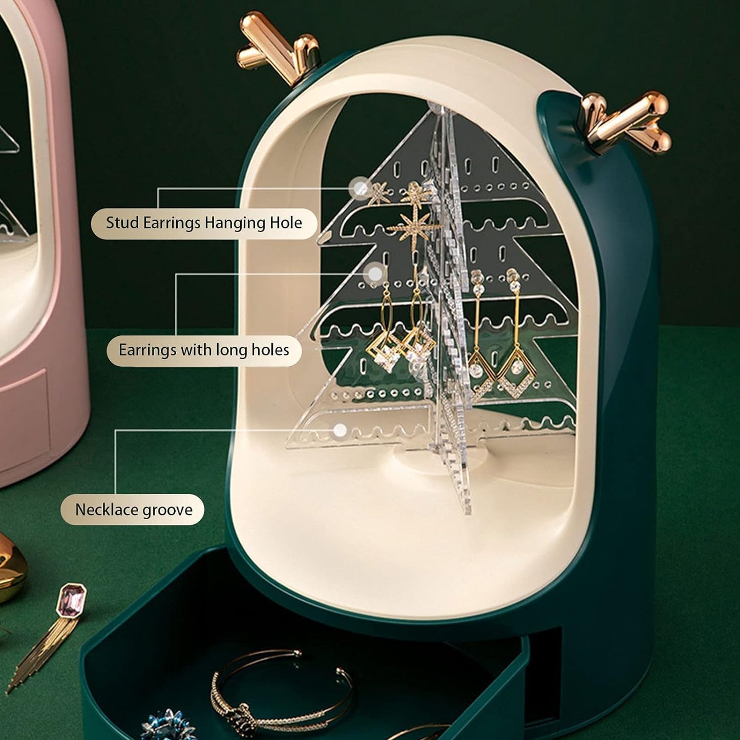 360 Rotating Jewellery Organizer Makeup Storage Box with 1 Drawer Earring Ring Display Holder Desktop Tree Drawer Type Jewellery Box