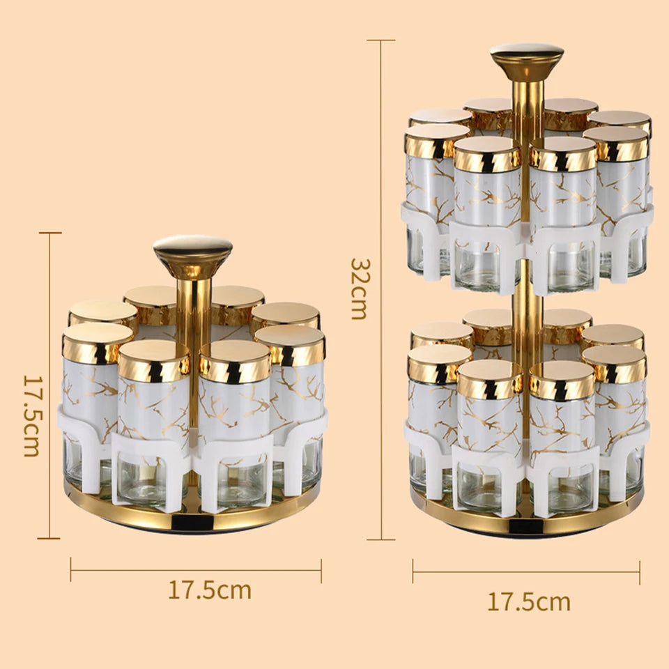 8Pcs Spice Jar Set Glass Rotating Kitchen Seasoning Bottles, Food-Safe Condiment Containers with Golden Accents, Spice Rack