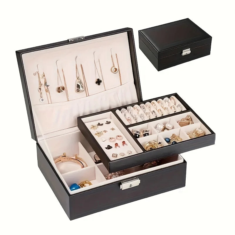 PU Leather Jewelry Storage Organizer Box with Lock & Key – Multifunctional Velvet Interior for Rings, Earrings, Necklaces & Bracelets – Gift for Women