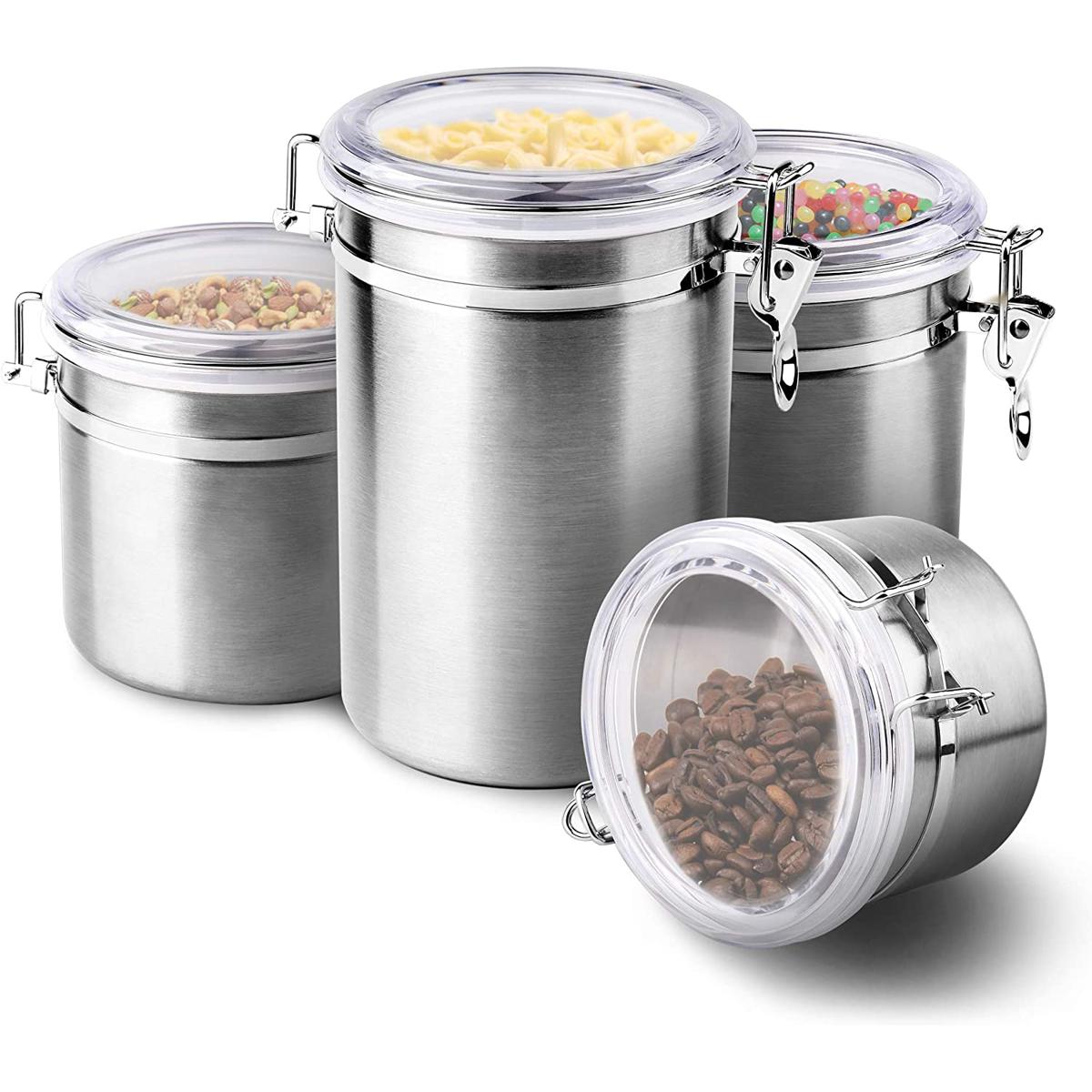 4Piece Stainless Steel Airtight Food Storage Canister Set with Clear Lid Cover Canister Sets for Kitchen Counter for Sugar, Flour, Tea, Candy, Cookie, Spice, Storage Canister Set