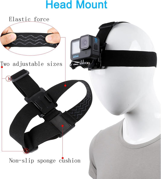 GoPro Head Strap Mount - Adjustable Elastic Head Belt for Action Cameras (Hero 11/10/9/8/7/6/5/4/3, Session & Insta360)