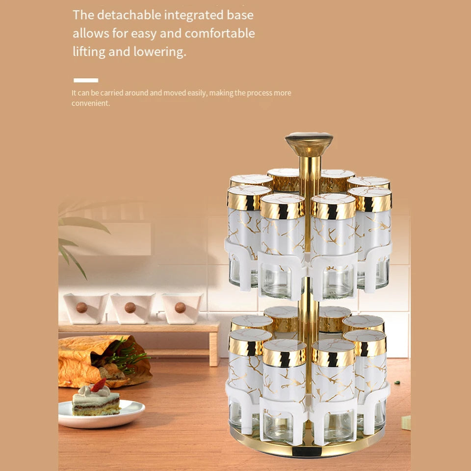 8Pcs Spice Jar Set Glass Rotating Kitchen Seasoning Bottles, Food-Safe Condiment Containers with Golden Accents, Spice Rack