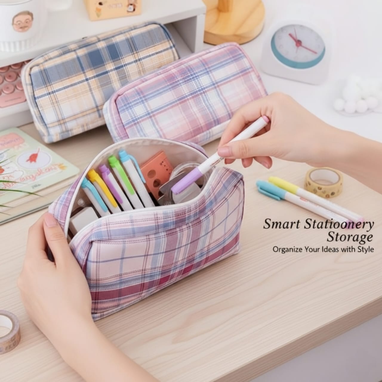 Large Pen Pencil Makeup Brushes Case Pouch Capacity 2 Compartments Canvas Pencil Pouch for Boys and Girls School Going Children