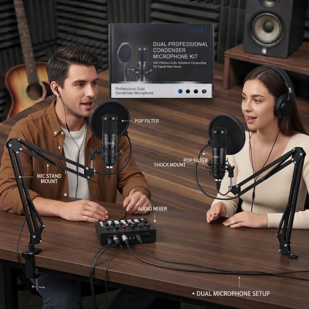 Candc Dual Professional Condenser Microphone Kit with Sound Card, Studio Recording Arm & Shock Mount for Streaming, Gaming & Podcasting