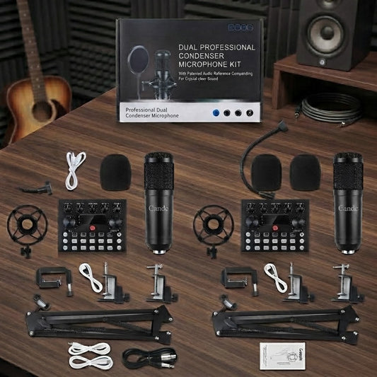 Candc Dual Professional Condenser Microphone Kit with Sound Card, Studio Recording Arm & Shock Mount for Streaming, Gaming & Podcasting