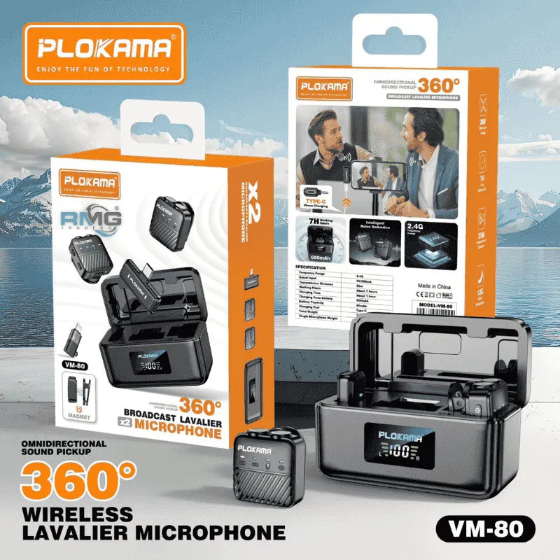 Ploakama WM 80 360° Wireless Microphone | Plug & Play Noise Reduction Mic for Mobile/DSLR