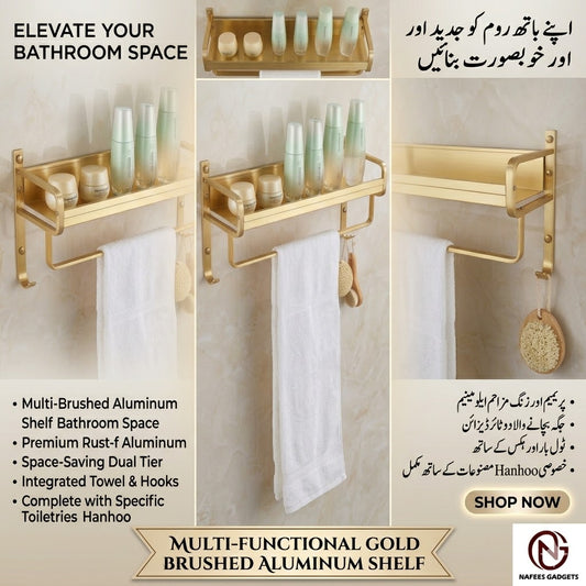 Luxury Golden Aluminum Bathroom Shelf with Towel Bar & Hooks – Wall Mounted Storage Rack