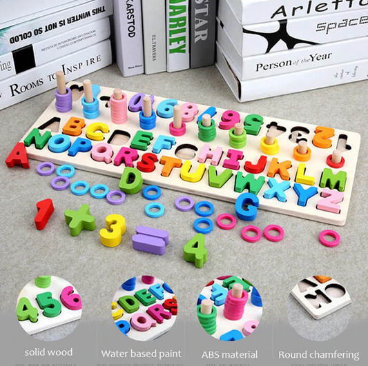 4-in-1 Wooden Alphabet & Number Puzzle Board | Kids Montessori Counting Rings & Mathematical Shape Sorting Educational Toy