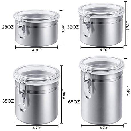 4Piece Stainless Steel Airtight Food Storage Canister Set with Clear Lid Cover Canister Sets for Kitchen Counter for Sugar, Flour, Tea, Candy, Cookie, Spice, Storage Canister Set
