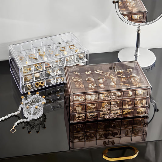 3 Layer Transparent Jewelry Organizer Box with Clear Drawers Multifunctional Storage for Rings Earrings Necklaces Sturdy Floor Standing or Tabletop Organizer Elegant Jewelry Display Case for Home Salon Boutique Easy to Clean Surf Organizer