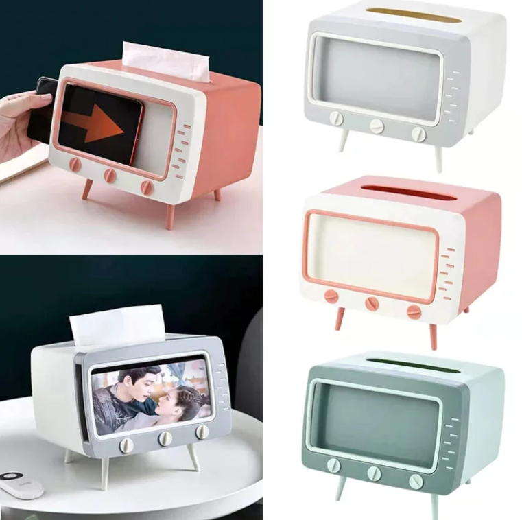 2 in 1 Multifunctional Tissue Box Cover Holder with Mobile Holder Storage Box Tv Design Container for Home and Office Use
