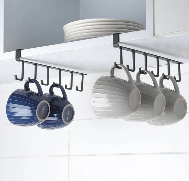 Metal 6 Hooks Tea Cup Mug Holder Under Shelf Hooks Cup Rack Mug Holder Under The Cabinet Small Kitchen Items Hanging Organizer