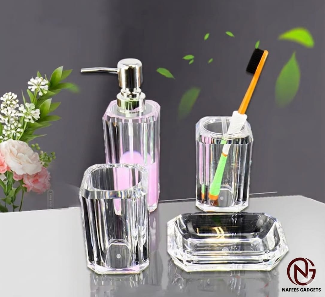 Luxury 4-Piece Crystal Clear Bathroom Accessories Set – Acrylic Soap Dispenser, Toothbrush Holder, Tumbler, and Soap Dish