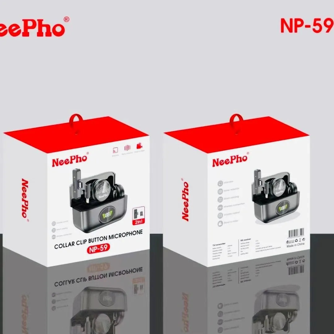 NeePho NP-59 Wireless Collar Clip Button Microphone - 2-in-1 Dual Mic with Digital Display Charging Case
