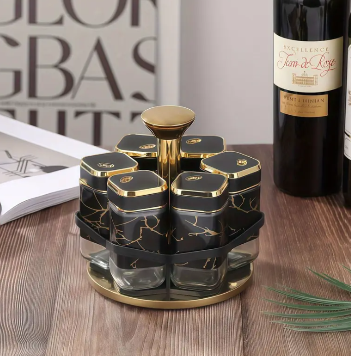 6Pcs Spice Jar Set Glass Rotating Kitchen Seasoning Bottles, Food-Safe Condiment Containers with Golden Accents, Spice Rack