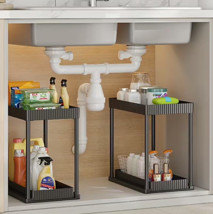 Adjustable Under Sink Organizers and Storage 2 layer - Black