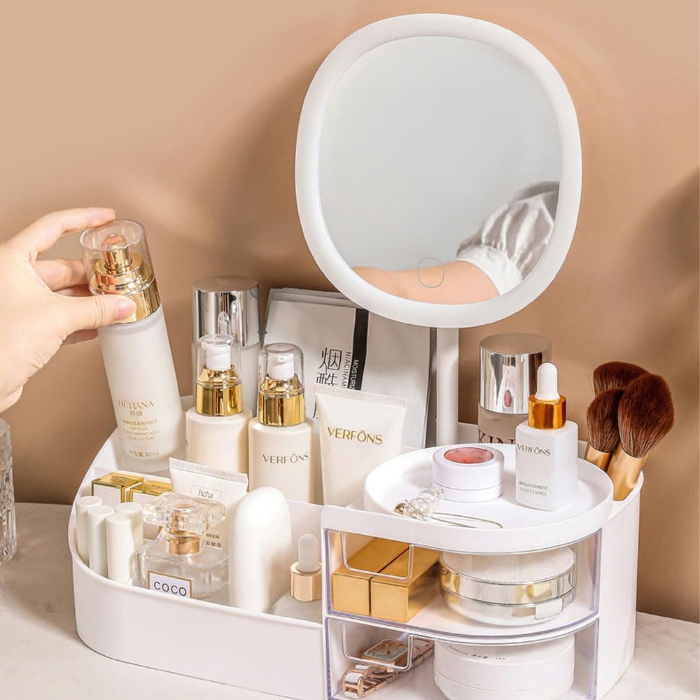Makeup Organizer Storage double Drawers with LED Light Large Capacity Box for Lipsticks Bathroom and Bedroom Desk Cosmetics for Skin Care Organizer