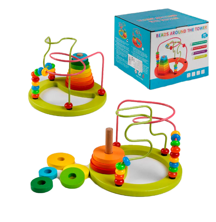 Beads Around the Tower, Wooden Toys with Colorful Beads, Educational Abacus Beads Circle Toys, Wooden Trailer Around the Beads Educational Toy