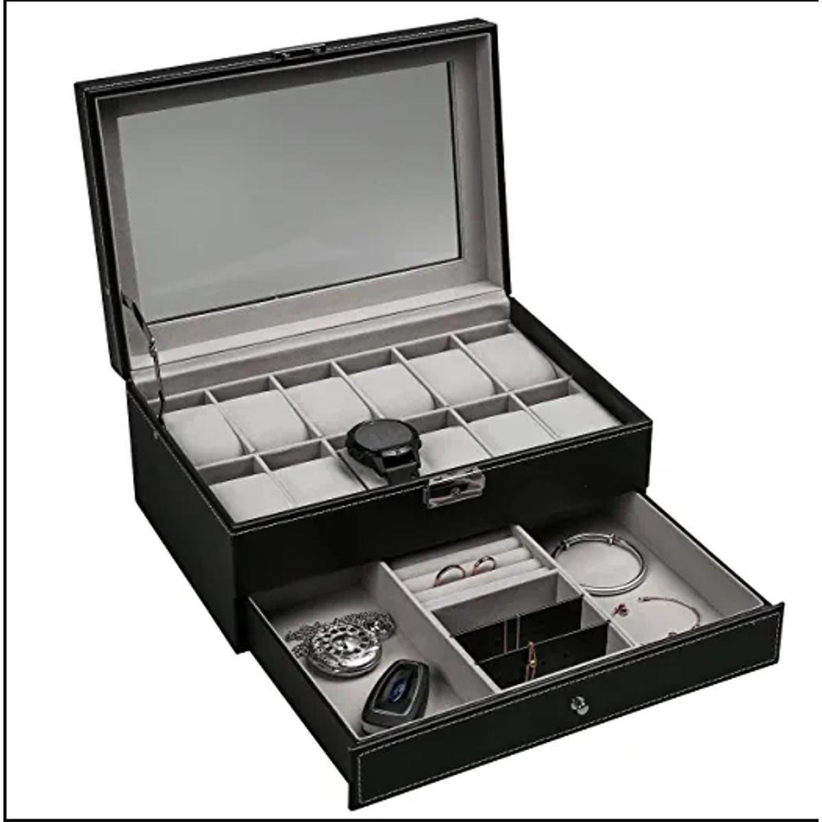 Leather Storage Box Watch Slot Box with Jewelry Display Drawer Glass Top Lockable Watch Case Storage Organizer
