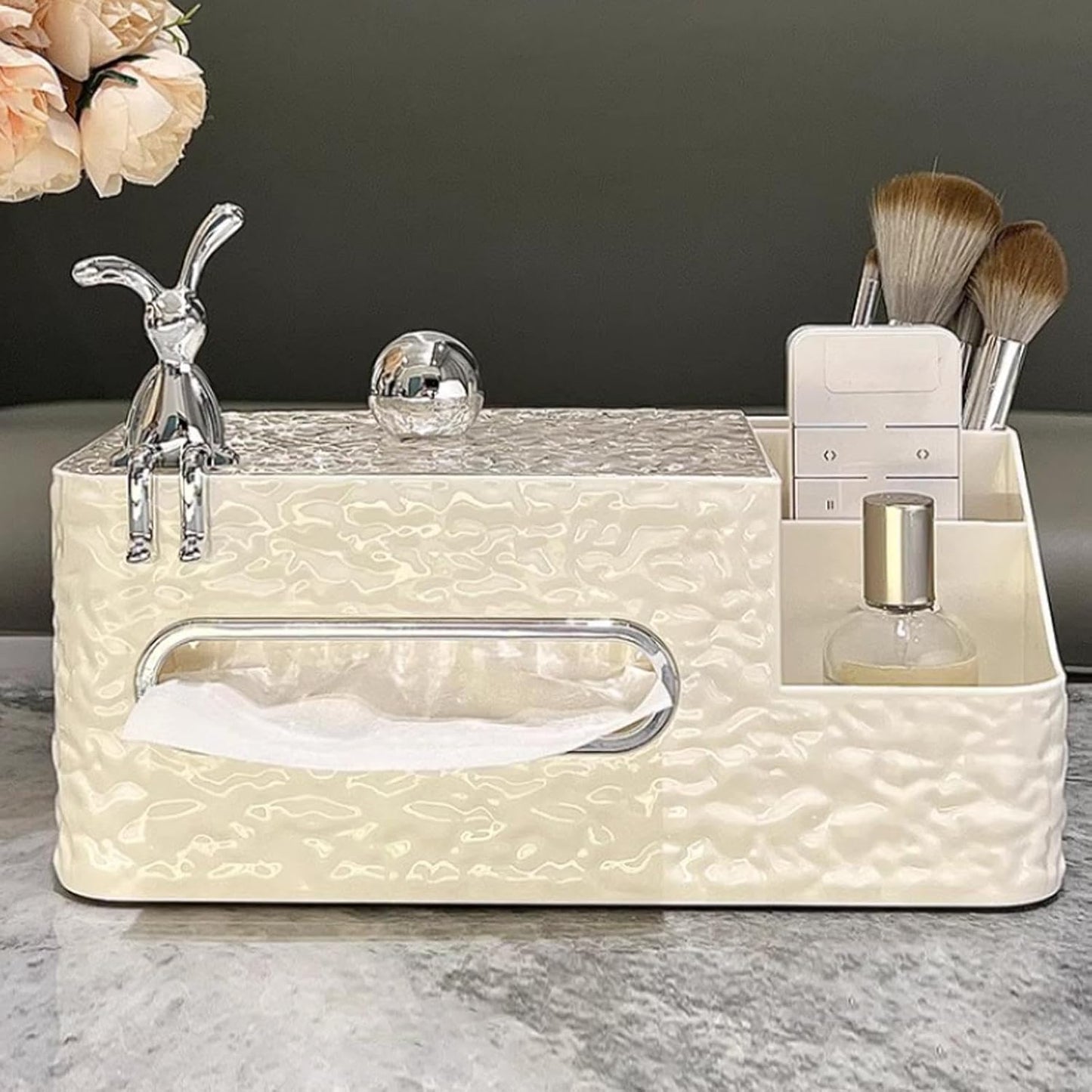 Multifunction Tissue Box Rectangular with Side Organizer Facial Tissue Holder Dispenser for compartments Holding iPad Phones, Remote Controls, Reading Glasses, Notepads & Pens