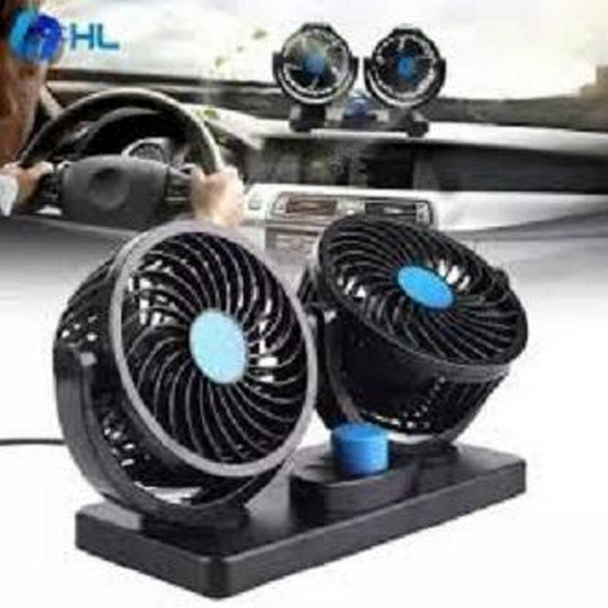Summer Cooling 12V Car Fan Low Power Double Head Van Fan 4Inches - Black