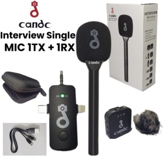 Candc Professional Wireless Interview Microphone - Single Channel (1TX + 1RX) Handheld Mic for Smartphones, Cameras & YouTube Reporting
