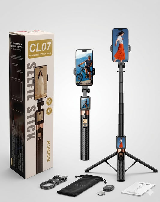 CL07 Aluminum Bluetooth Selfie Stick Tripod with Remote & Dual Screen Preview Mirror - Portable Foldable Stand for Vlogging